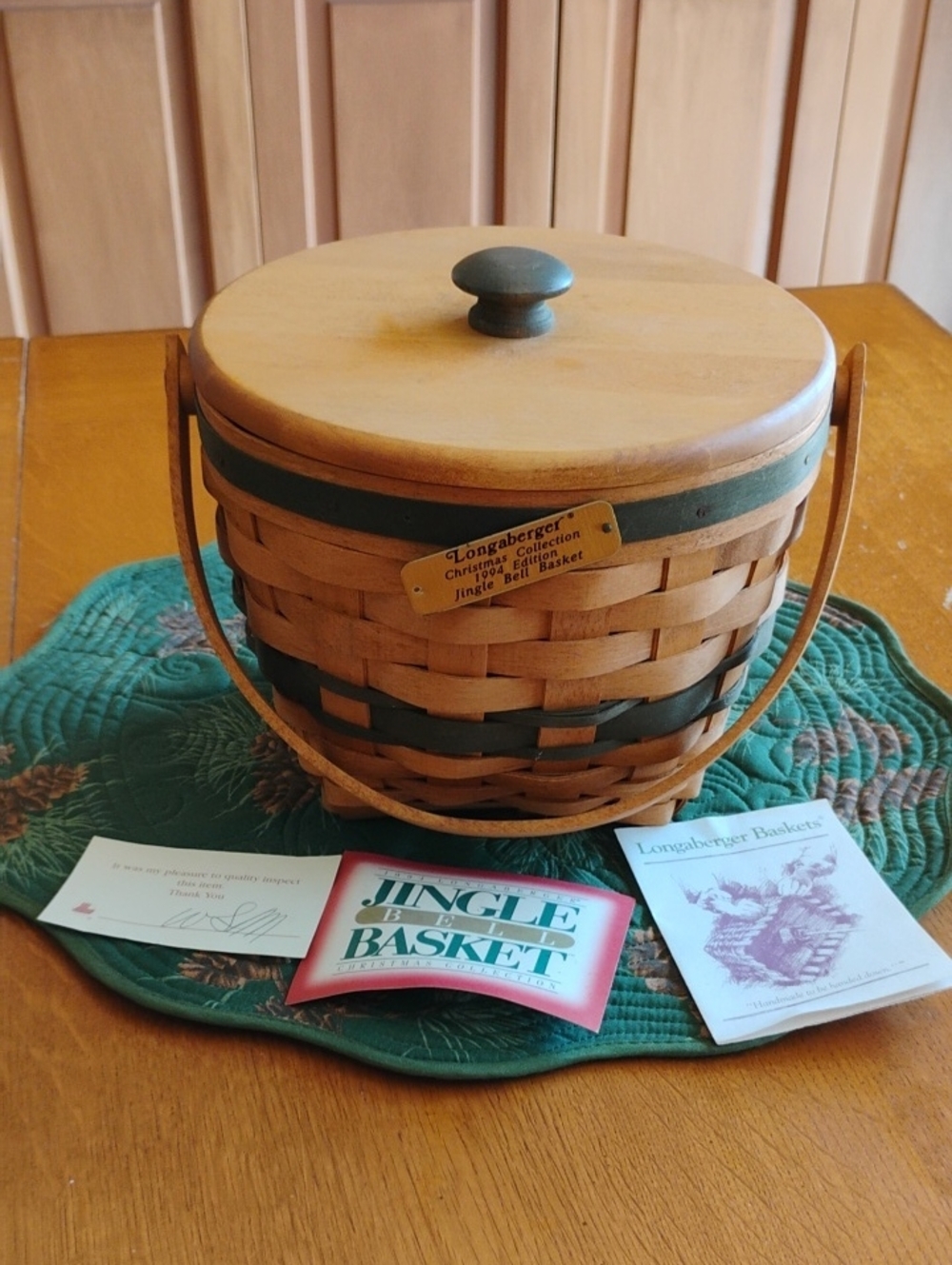 Longaberger 1994 Green and Natural Jingle Bell Basket with Wooden Lid & Insert